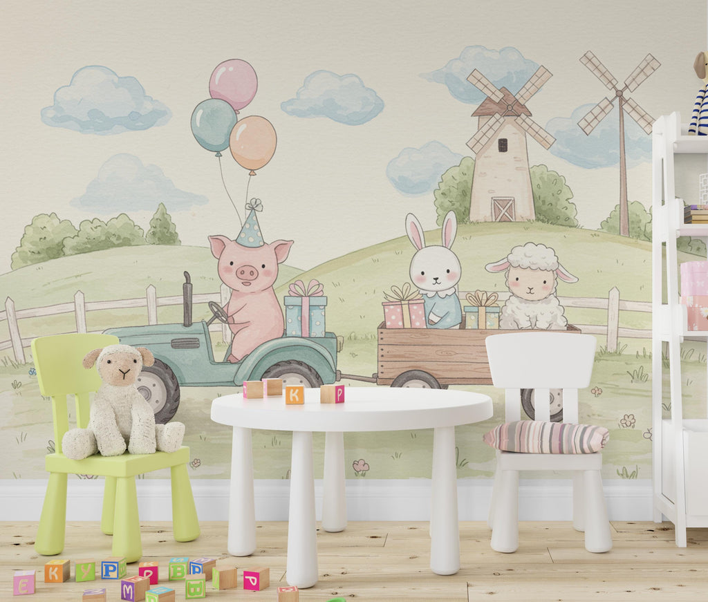 Whimsical Farm Parade Kids Wallpaper | Baby Animals in Wooden Wagon | Pastel Watercolor Nursery Mural | Playroom Wall Art Mural 802RS