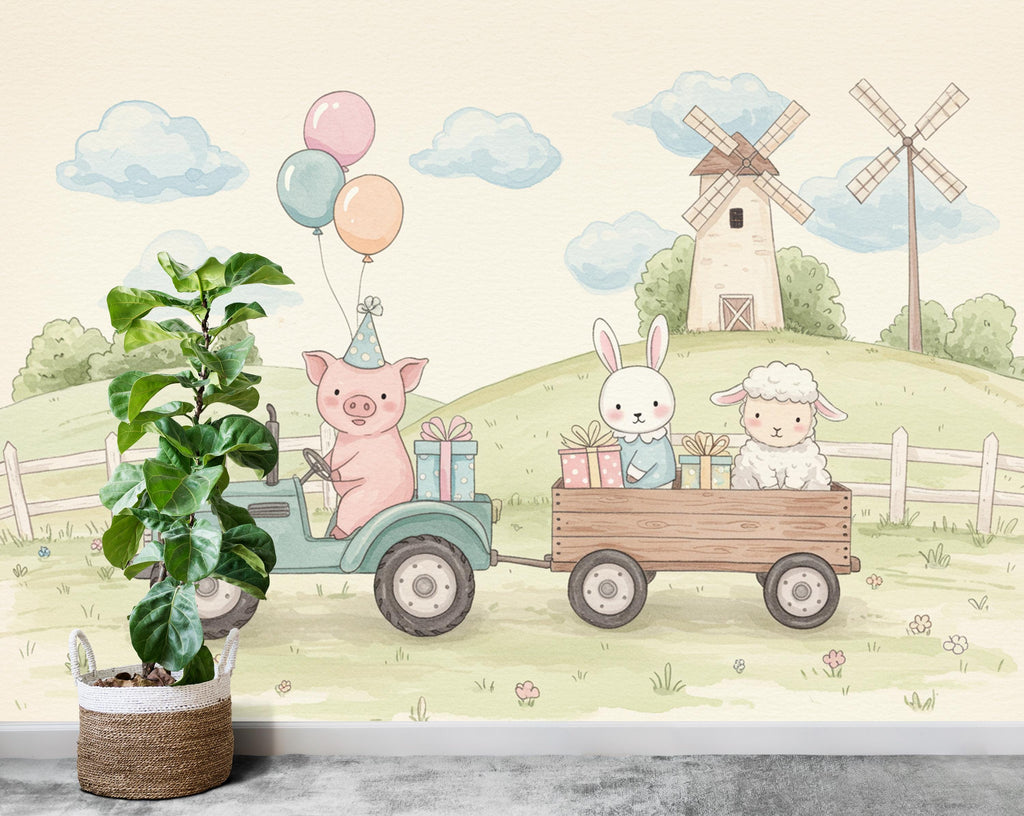 Whimsical Farm Parade Kids Wallpaper | Baby Animals in Wooden Wagon | Pastel Watercolor Nursery Mural | Playroom Wall Art Mural 802RS