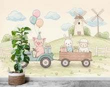 Load image into Gallery viewer, Whimsical Farm Parade Kids Wallpaper | Baby Animals in Wooden Wagon | Pastel Watercolor Nursery Mural | Playroom Wall Art Mural 802RS