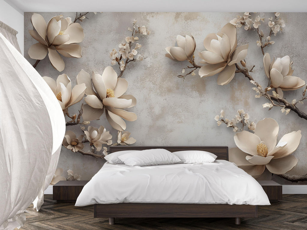 3D Magnolia Flower Wallpaper Mural – Elegant Beige Floral Wall Art With Blossoms On Textured Background – Modern Wall Decor