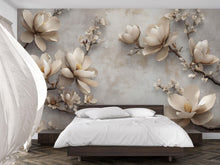 Load image into Gallery viewer, 3D Magnolia Flower Wallpaper Mural – Elegant Beige Floral Wall Art With Blossoms On Textured Background – Modern Wall Decor