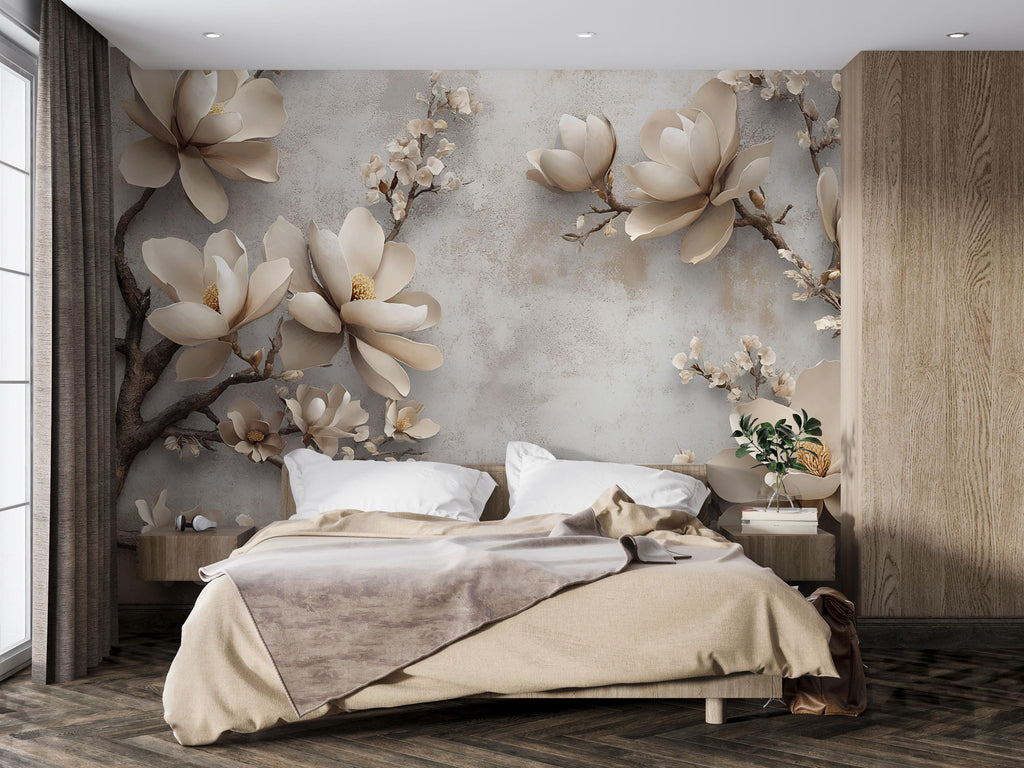 3D Magnolia Flower Wallpaper Mural – Elegant Beige Floral Wall Art With Blossoms On Textured Background – Modern Wall Decor