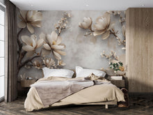 Load image into Gallery viewer, 3D Magnolia Flower Wallpaper Mural – Elegant Beige Floral Wall Art With Blossoms On Textured Background – Modern Wall Decor