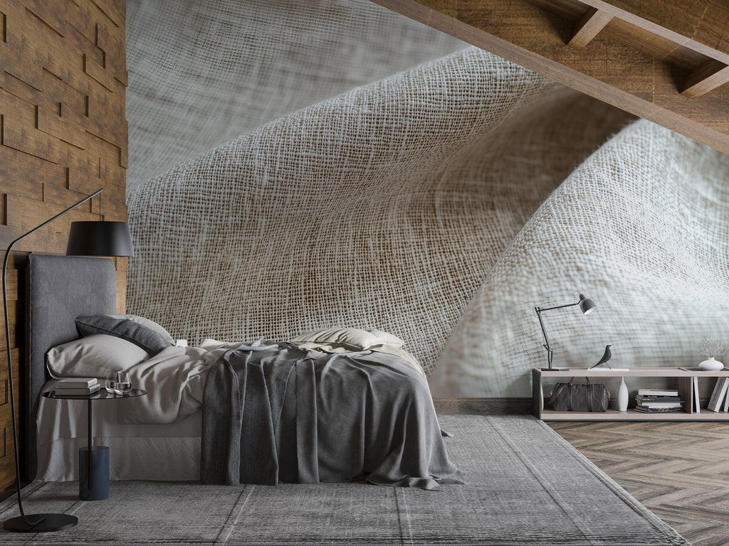 3D Textured Fabric Wave Wallpaper Mural | Modern Neutral Wall Art For Bedroom & Living Room | Minimalist Linen Look Peel And Stick Wallpaper