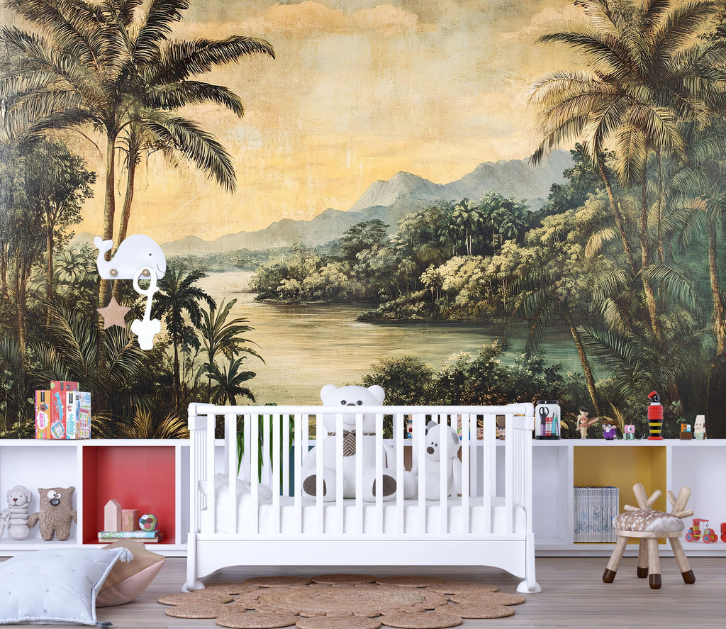 Vintage Tropical Landscape 3D Wallpaper Mural | Rustic Palm Tree Wall Art For Living Room & Office | Retro Jungle Peel And Stick Wallpaper