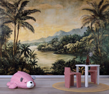 Load image into Gallery viewer, Vintage Tropical Landscape 3D Wallpaper Mural | Rustic Palm Tree Wall Art For Living Room &amp; Office | Retro Jungle Peel And Stick Wallpaper