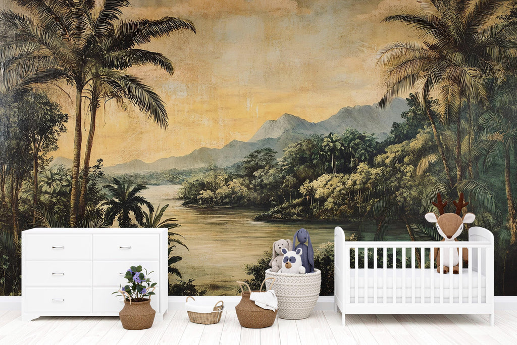 Vintage Tropical Landscape 3D Wallpaper Mural | Rustic Palm Tree Wall Art For Living Room & Office | Retro Jungle Peel And Stick Wallpaper