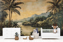 Load image into Gallery viewer, Vintage Tropical Landscape 3D Wallpaper Mural | Rustic Palm Tree Wall Art For Living Room &amp; Office | Retro Jungle Peel And Stick Wallpaper