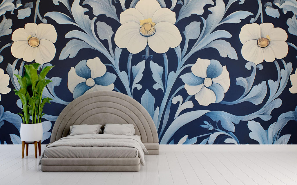 Elegant Navy Blue Floral Wallpaper | Large Cream Flowers 3D Wall Mural | Modern Vintage Botanical Wall Decor | Bedroom Accent | Wallpaper