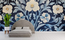 Load image into Gallery viewer, Elegant Navy Blue Floral Wallpaper | Large Cream Flowers 3D Wall Mural | Modern Vintage Botanical Wall Decor | Bedroom Accent | Wallpaper