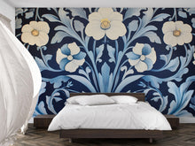Load image into Gallery viewer, Elegant Navy Blue Floral Wallpaper | Large Cream Flowers 3D Wall Mural | Modern Vintage Botanical Wall Decor | Bedroom Accent | Wallpaper