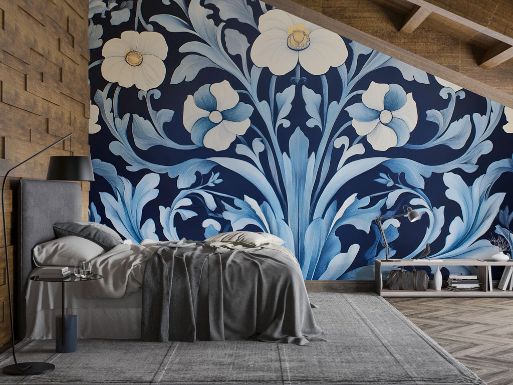 Elegant Navy Blue Floral Wallpaper | Large Cream Flowers 3D Wall Mural | Modern Vintage Botanical Wall Decor | Bedroom Accent | Wallpaper