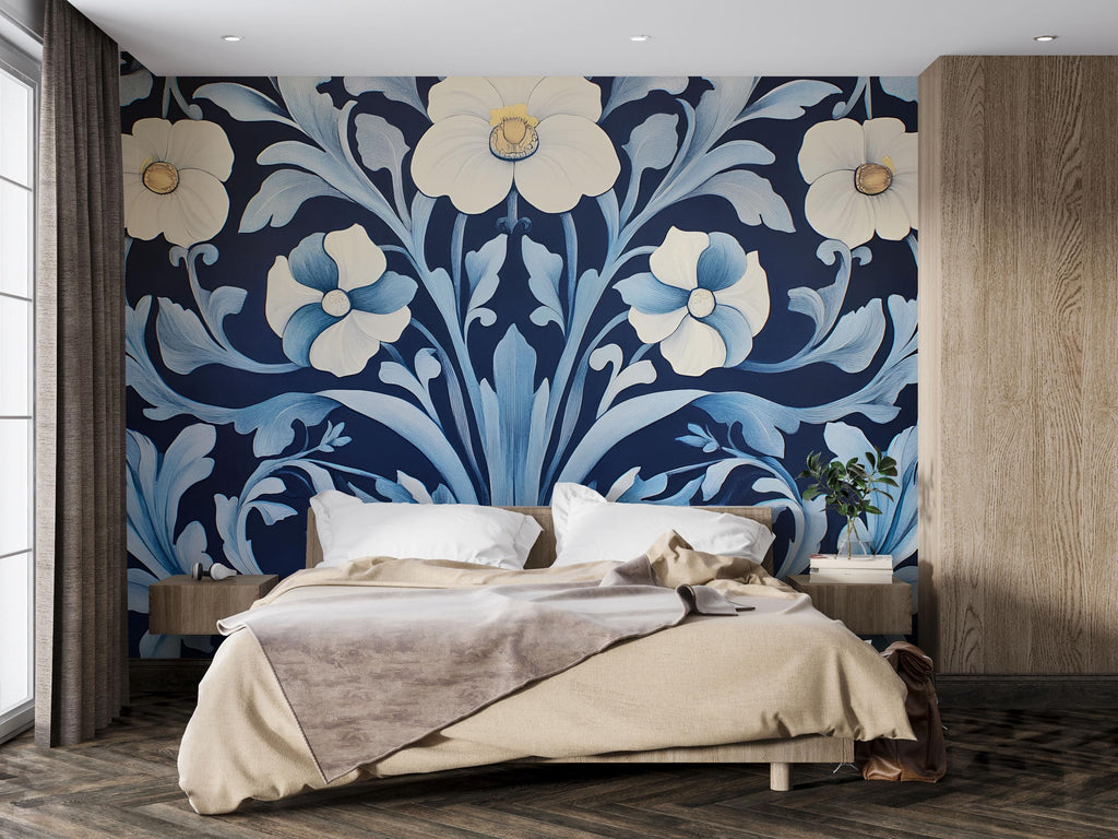 Elegant Navy Blue Floral Wallpaper | Large Cream Flowers 3D Wall Mural | Modern Vintage Botanical Wall Decor | Bedroom Accent | Wallpaper