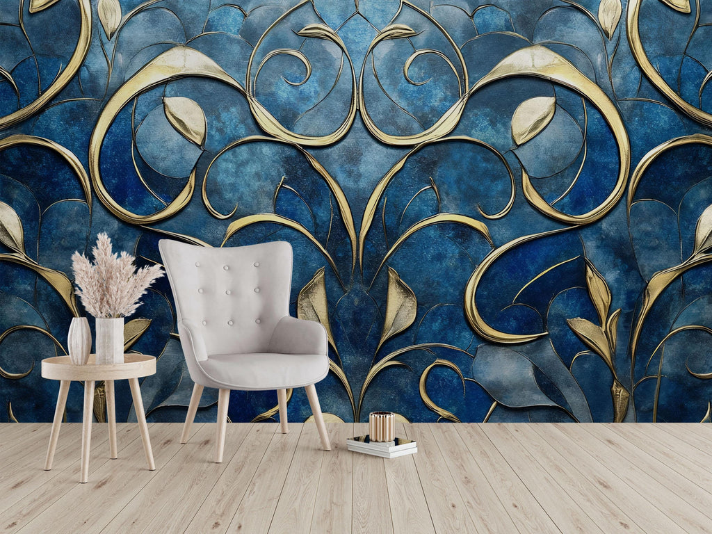 Elegant Blue And Gold 3D Wallpaper – Luxury Textured Floral Wall Mural For Living Room Or Office – Modern Peel And Stick Removable Wallpaper