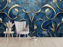 Load image into Gallery viewer, Elegant Blue And Gold 3D Wallpaper – Luxury Textured Floral Wall Mural For Living Room Or Office – Modern Peel And Stick Removable Wallpaper