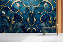 Load image into Gallery viewer, Elegant Blue And Gold 3D Wallpaper – Luxury Textured Floral Wall Mural For Living Room Or Office – Modern Peel And Stick Removable Wallpaper
