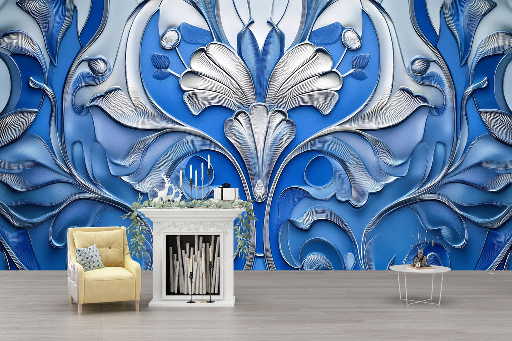 Luxury Blue Silver 3D Floral Wallpaper | Elegant Textured Flower Wall Mural | Modern Bedroom Living Room Decor | Peel and Stick Art Wall