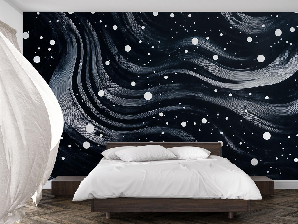 Starry Night Waves 3D Wallpaper – Modern Black and White Abstract Cosmic Wall Mural for Living Room, Bedroom, or Office – Stylish Statement