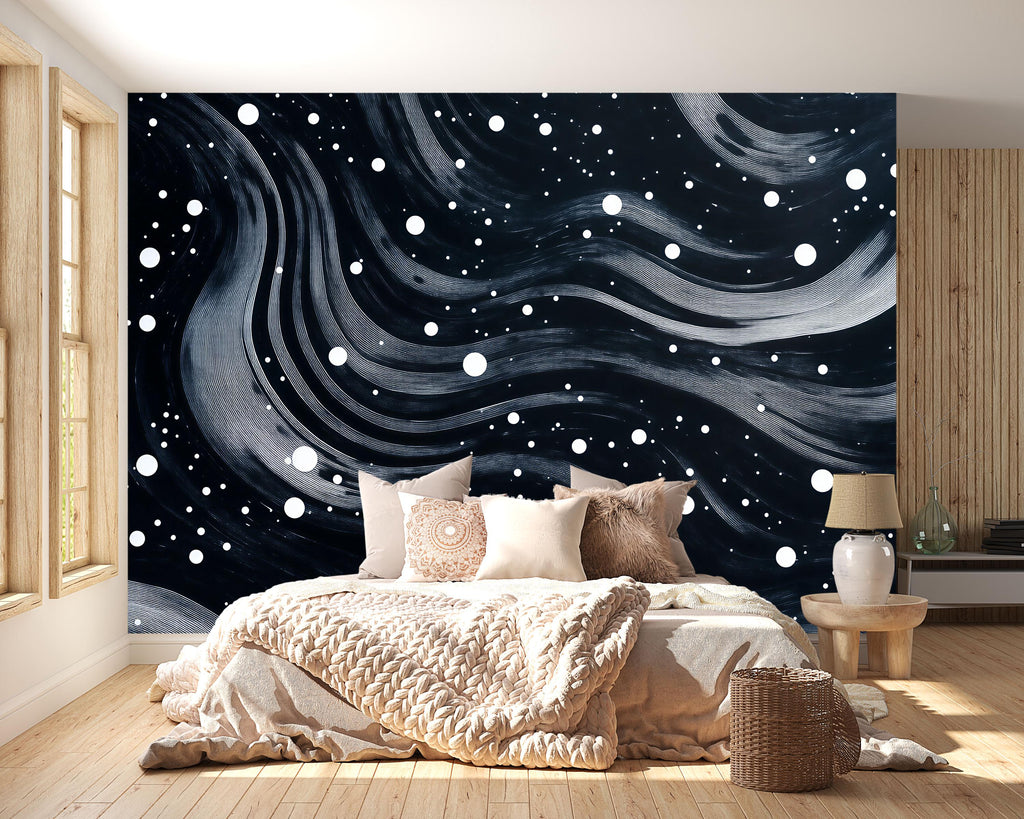 Starry Night Waves 3D Wallpaper – Modern Black and White Abstract Cosmic Wall Mural for Living Room, Bedroom, or Office – Stylish Statement