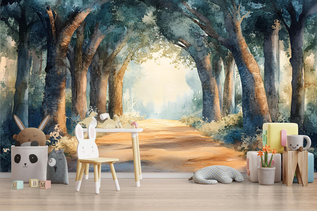 Watercolor Forest Wallpaper Mural | Whimsical Woodland Tree Path Wall Decor | Kids Room Nature Scene Art | Peel and Stick Wallpaper