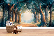 Load image into Gallery viewer, Watercolor Forest Wallpaper Mural | Whimsical Woodland Tree Path Wall Decor | Kids Room Nature Scene Art | Peel and Stick Wallpaper
