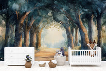 Load image into Gallery viewer, Watercolor Forest Wallpaper Mural | Whimsical Woodland Tree Path Wall Decor | Kids Room Nature Scene Art | Peel and Stick Wallpaper