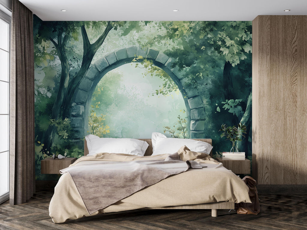 Watercolor Forest Arch Wallpaper Mural – Enchanted Garden Gateway Wall Art – 3D Look Peel & Stick Nature Decor for Nursery, Living Room