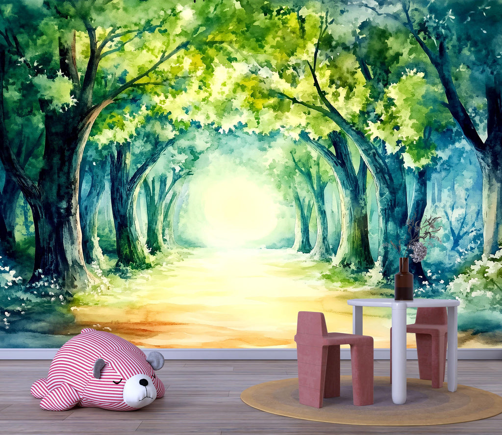 Watercolor Forest Nursery Wallpaper – Serene Woodland Path Wall Mural – Peel and Stick or Paste Wall Art – Green Nature Mural for Baby