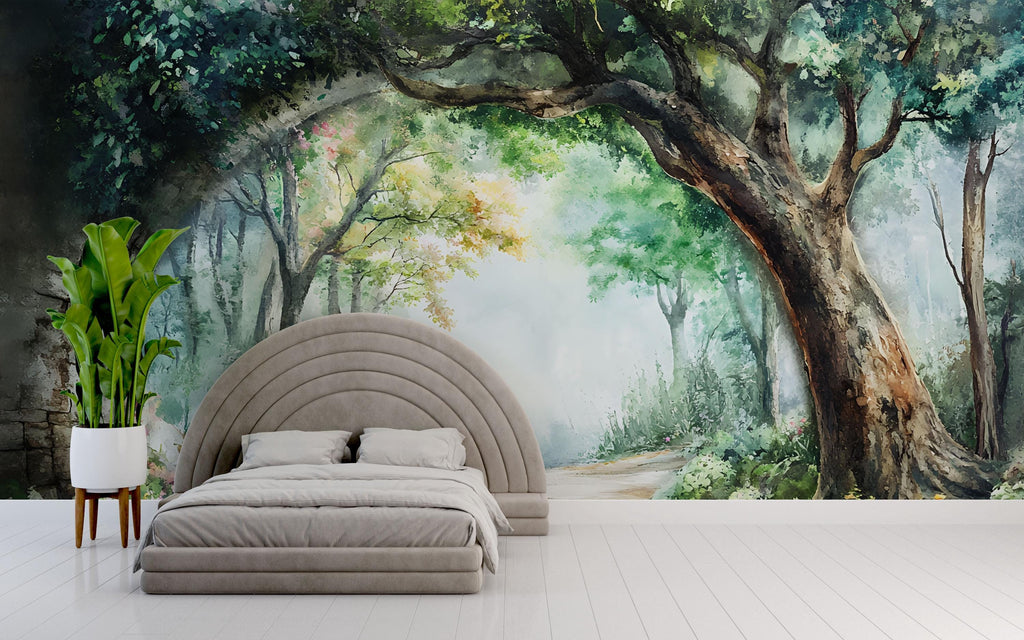 Watercolor Garden Path Wallpaper – Romantic Archway Wall Mural with Trees and Flowers – Peel and Stick or Paste Wallpaper for Bedroom