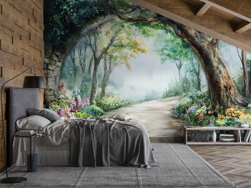 Watercolor Garden Path Wallpaper – Romantic Archway Wall Mural with Trees and Flowers – Peel and Stick or Paste Wallpaper for Bedroom