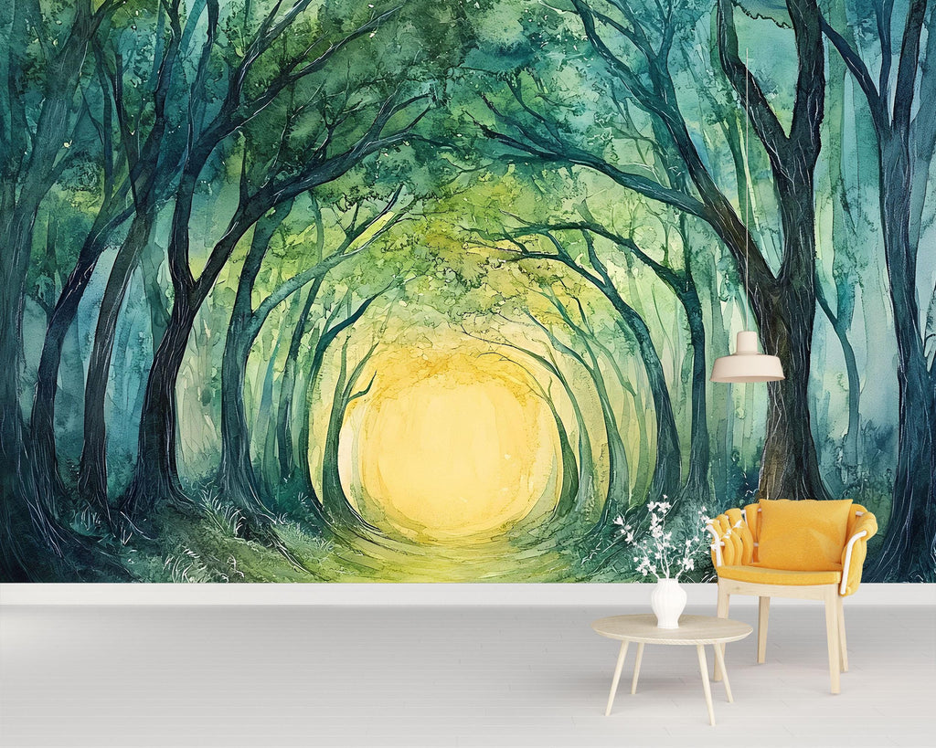 Mystical Forest Tunnel Wallpaper – Enchanted Tree Arch Wall Mural with Sunlight Glow – Peel and Stick or Paste Wallpaper for Bedroom, Yoga