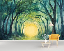 Load image into Gallery viewer, Mystical Forest Tunnel Wallpaper – Enchanted Tree Arch Wall Mural with Sunlight Glow – Peel and Stick or Paste Wallpaper for Bedroom, Yoga