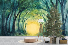 Load image into Gallery viewer, Mystical Forest Tunnel Wallpaper – Enchanted Tree Arch Wall Mural with Sunlight Glow – Peel and Stick or Paste Wallpaper for Bedroom, Yoga