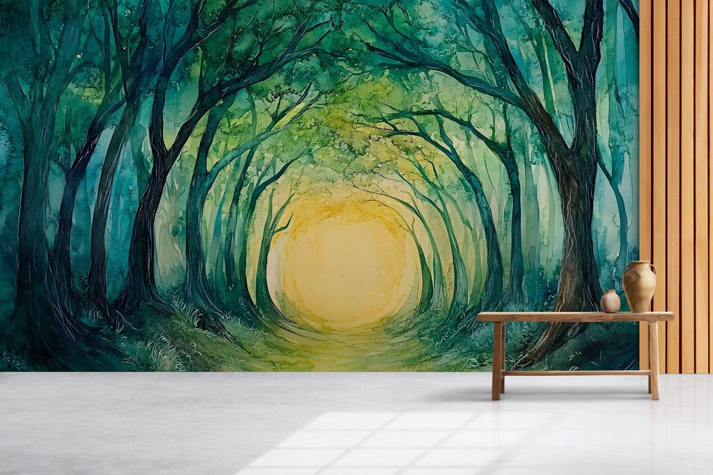 Mystical Forest Tunnel Wallpaper – Enchanted Tree Arch Wall Mural with Sunlight Glow – Peel and Stick or Paste Wallpaper for Bedroom, Yoga