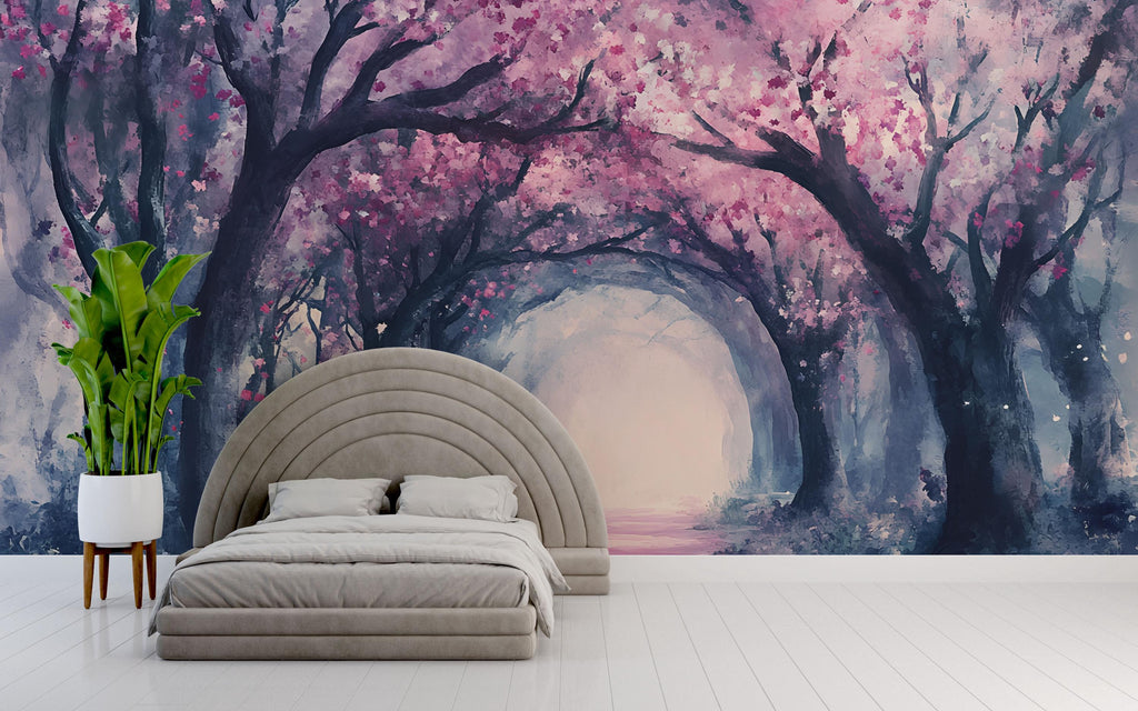 Enchanted Pink Blossom Forest Wallpaper – Watercolor Cherry Tree Tunnel Wall Mural – Romantic Peel and Stick or Paste Wallpaper for Bedroom