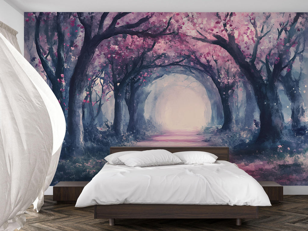 Enchanted Pink Blossom Forest Wallpaper – Watercolor Cherry Tree Tunnel Wall Mural – Romantic Peel and Stick or Paste Wallpaper for Bedroom