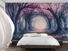 Load image into Gallery viewer, Enchanted Pink Blossom Forest Wallpaper – Watercolor Cherry Tree Tunnel Wall Mural – Romantic Peel and Stick or Paste Wallpaper for Bedroom