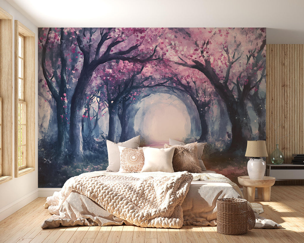 Enchanted Pink Blossom Forest Wallpaper – Watercolor Cherry Tree Tunnel Wall Mural – Romantic Peel and Stick or Paste Wallpaper for Bedroom