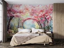 Load image into Gallery viewer, Spring Cherry Blossom Tunnel Wallpaper – Vibrant Watercolor Wall Mural with Pink Trees – Peel and Stick or Paste Wallpaper for Bedroom