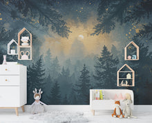 Load image into Gallery viewer, Watercolor Forest Wall Mural – Night Sky Wallpaper with Moon, Stars &amp; Trees – Dreamy Indigo Woodland Wall Art for Bedroom or Nursery 807RS