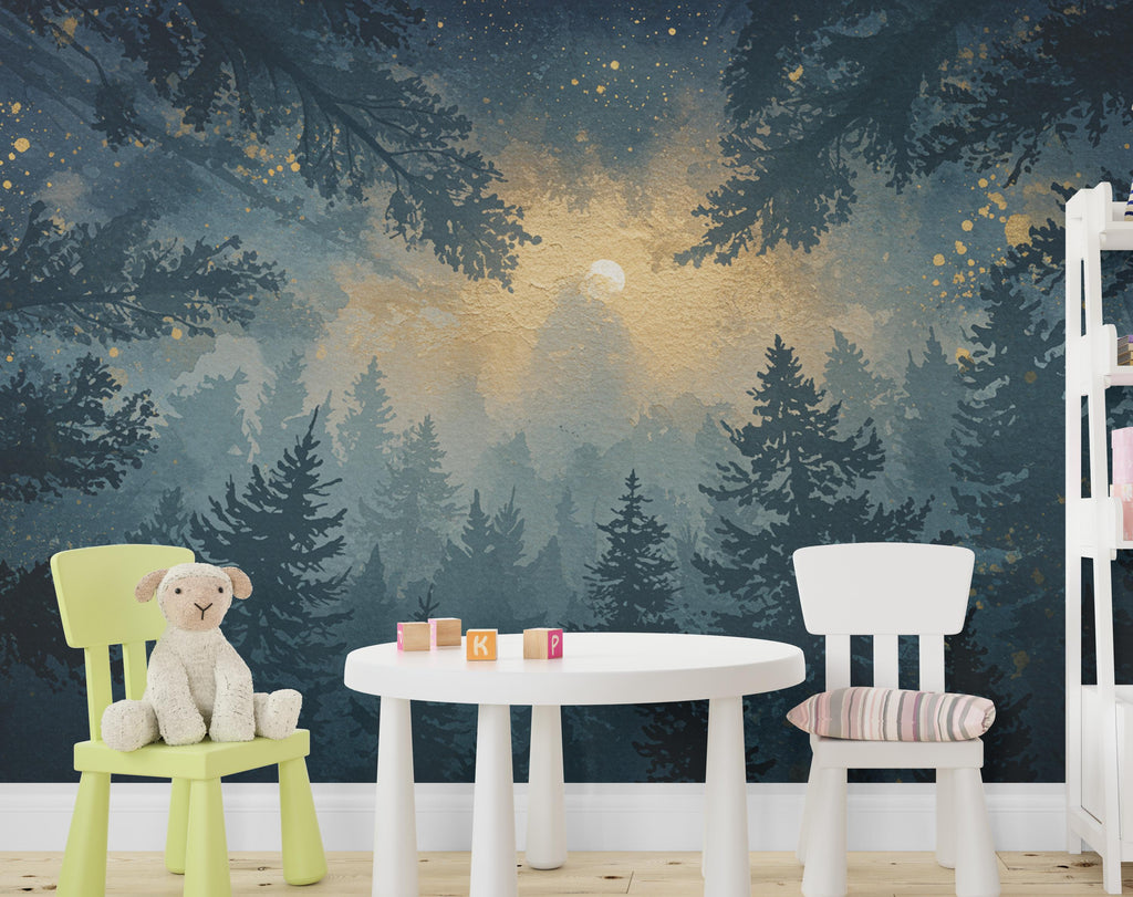 Watercolor Forest Wall Mural – Night Sky Wallpaper with Moon, Stars & Trees – Dreamy Indigo Woodland Wall Art for Bedroom or Nursery 807RS