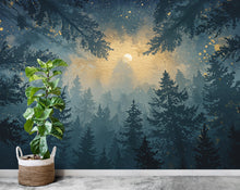 Load image into Gallery viewer, Watercolor Forest Wall Mural – Night Sky Wallpaper with Moon, Stars &amp; Trees – Dreamy Indigo Woodland Wall Art for Bedroom or Nursery 807RS