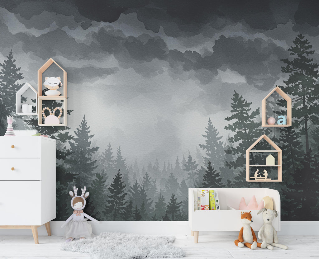 Stormy Forest Wall Mural – Watercolor Tree Canopy & Lightning Sky Wallpaper – Moody Nature Wall Art for Bedroom or Nursery Decor 808RS