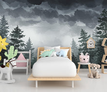 Load image into Gallery viewer, Stormy Forest Wall Mural – Watercolor Tree Canopy &amp; Lightning Sky Wallpaper – Moody Nature Wall Art for Bedroom or Nursery Decor 808RS