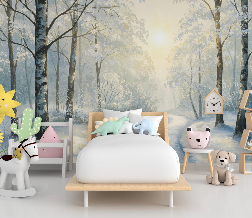 Winter Forest Wall Mural – Watercolor Snowy Woodland Path Wallpaper with Golden Light – Elegant Nursery or Luxury Home Wall Art 809RS