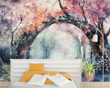 Load image into Gallery viewer, Watercolor Cherry Blossom Arch Wallpaper – Romantic Spring Forest Mural in Soft Pink &amp; Pastel Tones – Peel and Stick or Paste Wallpaper