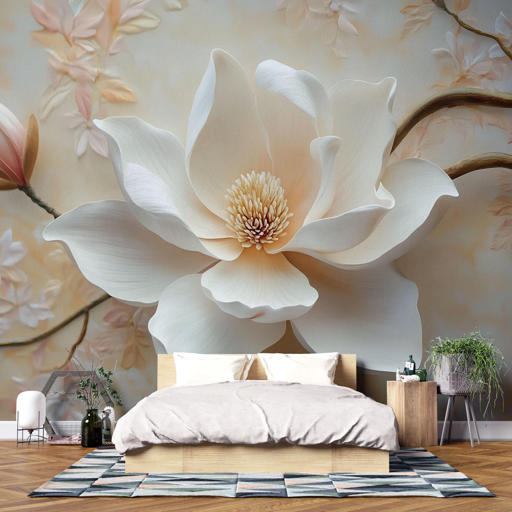 Elegant Magnolia Flower 3D Wallpaper – Large Floral Mural in Soft Neutral Tones – Modern Bedroom Wall Decor – Peel and Stick or Paste