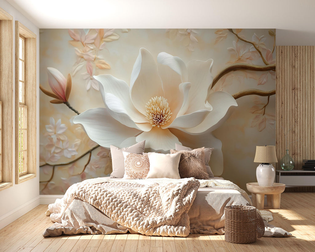 Elegant Magnolia Flower 3D Wallpaper – Large Floral Mural in Soft Neutral Tones – Modern Bedroom Wall Decor – Peel and Stick or Paste