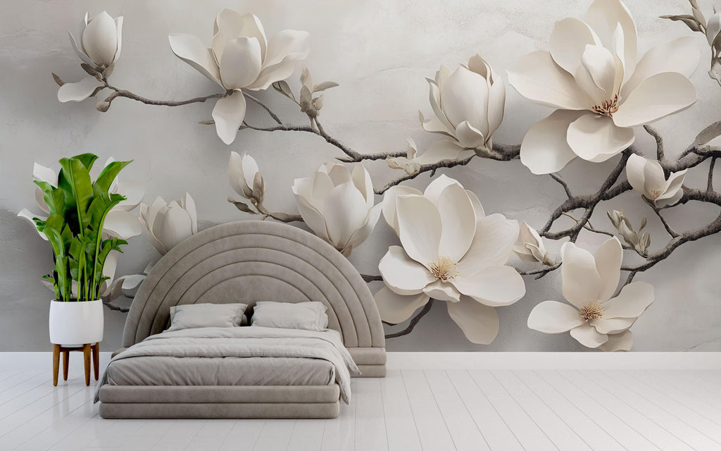 Modern Magnolia Branch 3D Wallpaper – Neutral Floral Wall Mural for Bedroom or Living Room – Stylish Oversized Flower Wall Decor