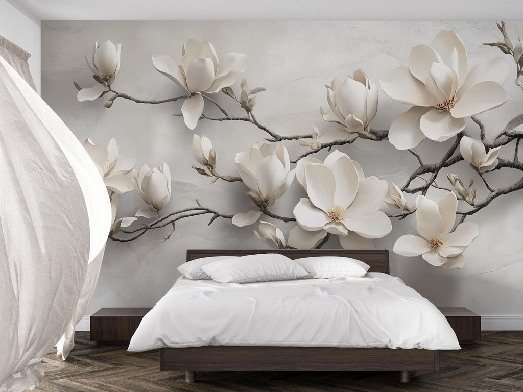 Modern Magnolia Branch 3D Wallpaper – Neutral Floral Wall Mural for Bedroom or Living Room – Stylish Oversized Flower Wall Decor